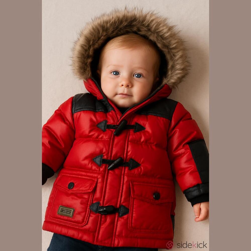 Catimini Boys Coat Sz 6 Mo Red Puffer‎ Fur Trim Hood Fleece Lined Warm Winter